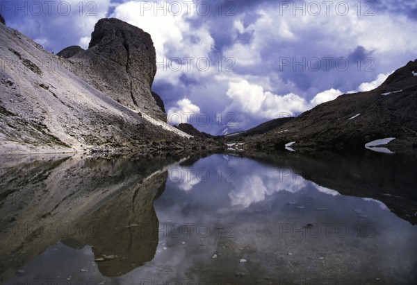 Lake Antermoia, South Tyrol, Italy In the rose garden mountains the Antermoia Lake, South Tyrol, Italy