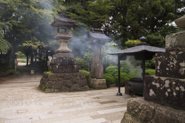 Cloud of smoke, incense sticks, Ryushaku-ji, Buddist Temple, Yamadera, Japan
