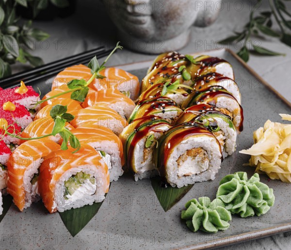 Food, Variety of sushi rolls are presented on a plate, showcasing the colorful and fresh ingredients