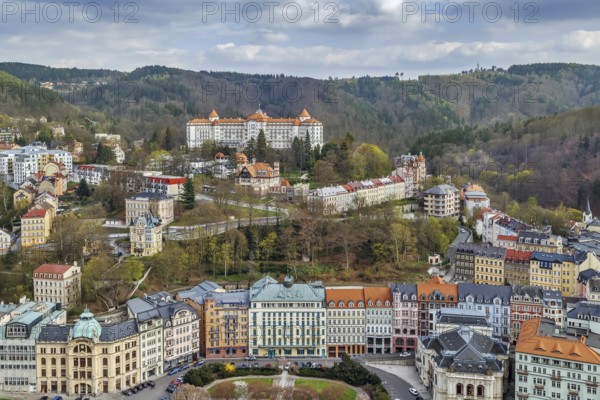 View of Karlovy Vary city center from hill, Czech republic