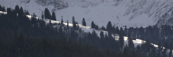 Sunny, snow-covered hill in Gsteig near Gstaad and fir forest