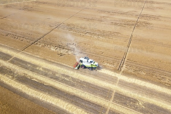 Combine harvester working on a wheat field. Combine harvester Aerial view