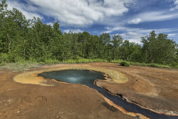 Beautiful summer landscape Kamchatka: views of the Hot spring Griffin by Ivanov, in Nalychevo Nature Park and travertine creek flowing from it. Kamchatka Peninsula, Far East, Russia, Eurasia