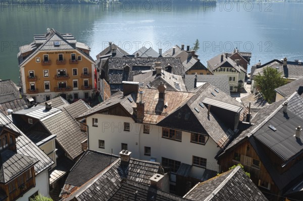 18.06.2019, Hallstatt, Salzkammergut, Upper Austria, Austria, Europe, View of residential buildings in the town centre with Lake Hallstatt in the background. The small town is a favourite travel destination for the Chinese and exists as a replica in the province of Guangdong in China