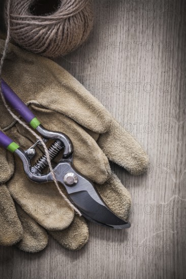 Pair of leather protective gloves sharp metal secateurs and hank of twine on wooden background close up view agriculture concept