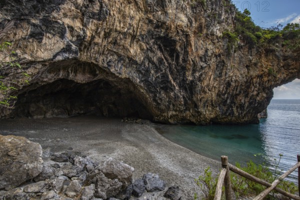 Landscape shot on the coast. View of a beach and the sea. Breathtaking coastline and Mediterranean landscape in Salerno, Italy