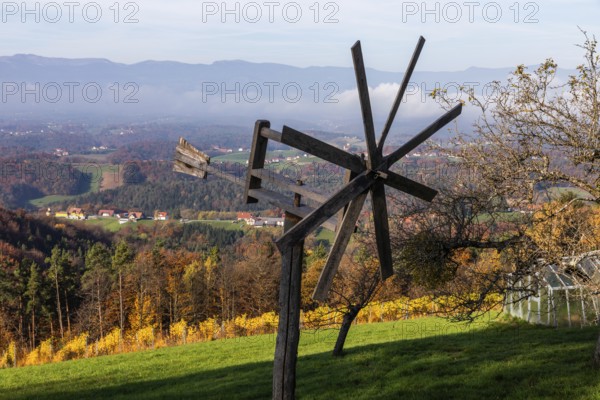 Autumn atmosphere, hilly landscape and vineyard with foliage colouring, Klapotetz, St. Andrä-Höch, Sausal, Styria, Austria