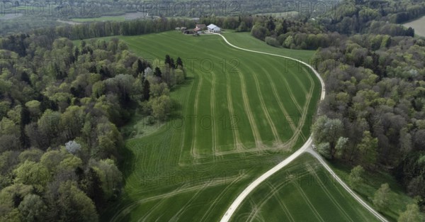 Idyllic, agricultural landscape in Upper Bavaria, farm in a secluded location, drone shot, Upper Bavaria, Bavaria, Germany