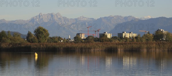 Wetzikon, town in Zurich Canton, shore of Lake Pfaeffikersee and mountain ranges