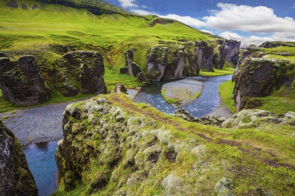 Magic canyon Fyadrarglyufur in Iceland. Green Tundra in July. Bizarre shape of cliffs and stream with glacial water. The concept of active northern tourism