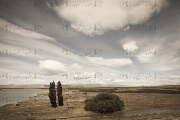 Argentine Patagonia on a windy day. Yellow flat desert with shallow lakes