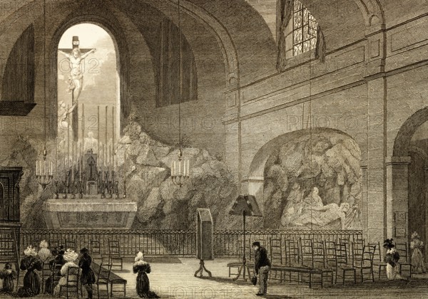 Chapelle du Calvaire, Eglise de St Roche, Church of Saint-Roch, Paris, antique steel engraved print, 1831