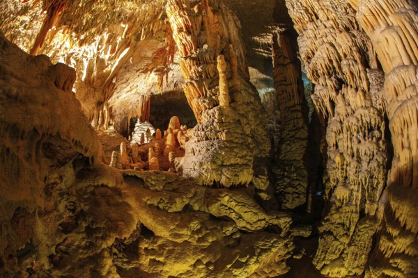 Postojna Cave. Colossal system of underground caves in Slovenia. Limestone plateau in Slovenia. Fantastically lit underground palaces with stalactites and stalagmites