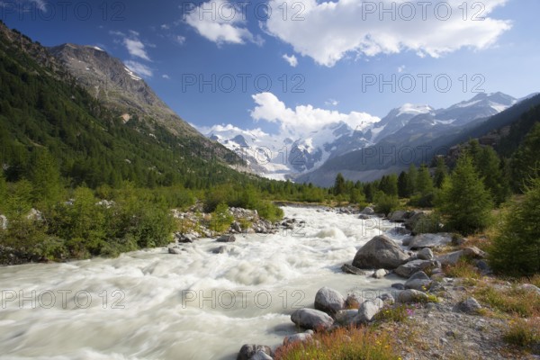 Swiss mountain landscape of the Morteratsch Glacier Valley hiking trail in the Bernina Mountain Range