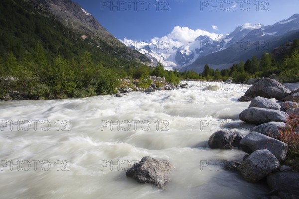 Swiss mountain landscape of the Morteratsch Glacier Valley hiking trail in the Bernina Mountain Range
