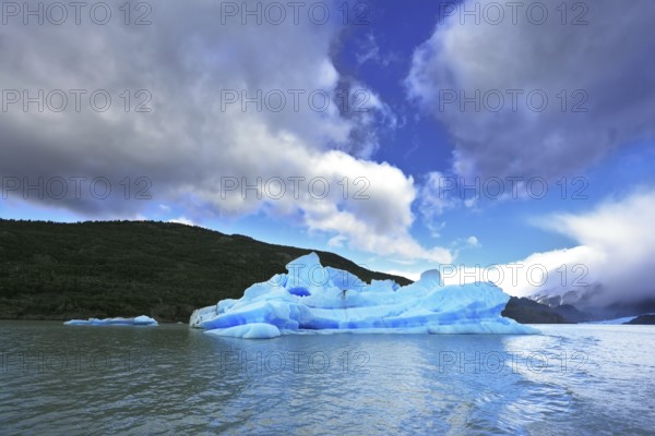 National Park Torres del Paine in Chilean Patagonia. Blue ice iceberg reflected in the lake Gray