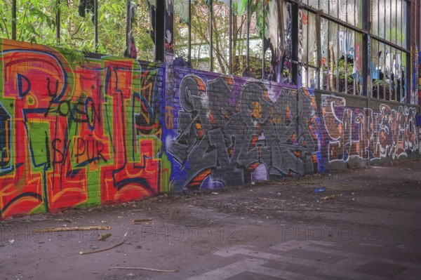 Abandoned factory with graffiti walls and broken windows, Dortmund-Hafen railway depot, Lost Place, Dortmund, North Rhine-Westphalia, Germany