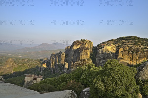 Monastery of Varlaam, Holy Monastery of Saint Nicholas, Monastery of Rousanou and Megalo Meteoro photographed at sunrise
