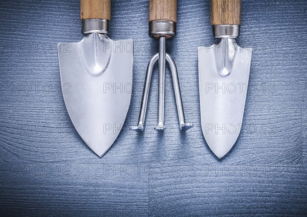 Two little garden spades and fork