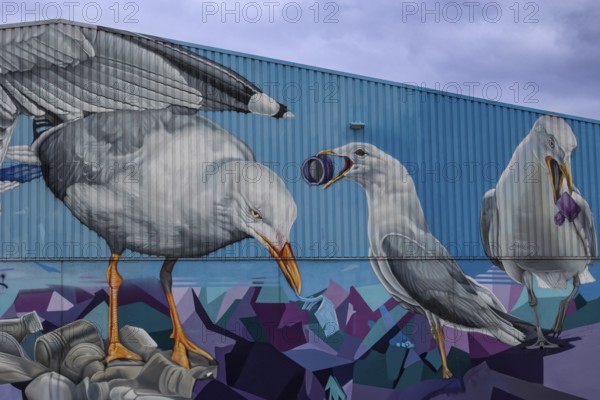 Large mural of seagulls picking up rubbish, an artistic representation of recycling, Hamburg harbour, Free and Hanseatic City of Hamburg, Germany