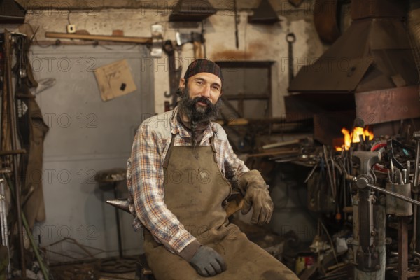 Bearded blacksmith after working in his workshop. Blacksmith's workshop. Professional blacksmith man portrait