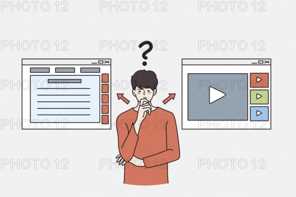 Distance education and making choice concept. Young frustrated man standing thinking choosing between Digital online select education on the via mobile application or video in internet Abstract vector wall art background. Minimalistic abstract wall art background for print. Scandinavian vector style