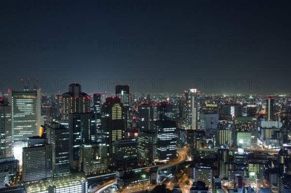 Skyline of Osaka City in Japan at night with lots of lights, Osaka, Japan