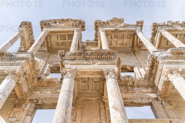 Celsus Library in Ephesus in Selcuk (Izmir), Turkey. Marble statue is Sophia, Goddess of Wisdom, at the Celcus Library at Ephesus, Turkey. The ruins of the ancient antique city