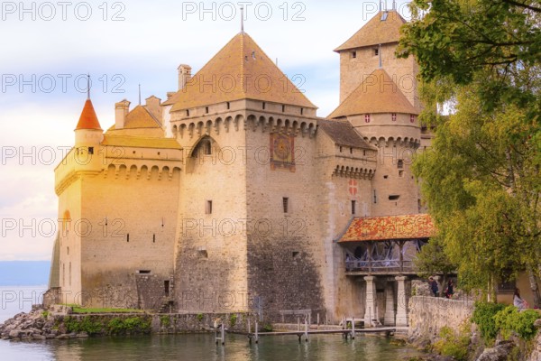 Montreux, Switzerland, October 12, 2019: People near Chillon castle on the Leman lake