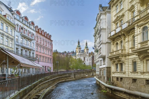 Embankment of Tepla river in the center of Karlovy Vary, Czech republic