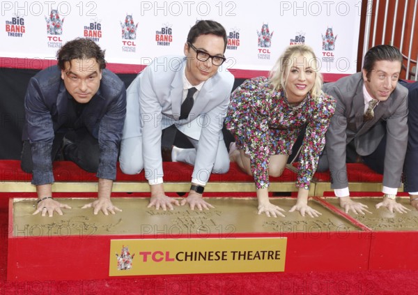 Johnny Galecki, Jim Parsons, Kaley Cuoco and Simon Helberg at the handprints ceremony for 'The Big Bang Theory' held at the TCL Chinese Theatre IMAX in Hollywood, USA on May 1, 2019., Hollywood, California, USA