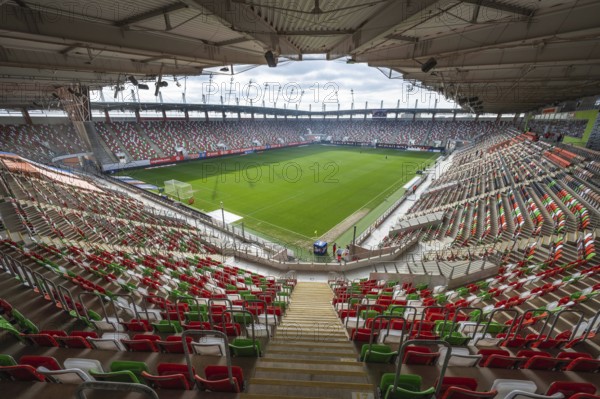 LUBIN, POLAND - FEBRUARY 18, 2024: Football match Polish PKO Ekstraklasa between KGHM Zaglebie Lubin vs Cracovia 1:1. Aerial view at the stadium