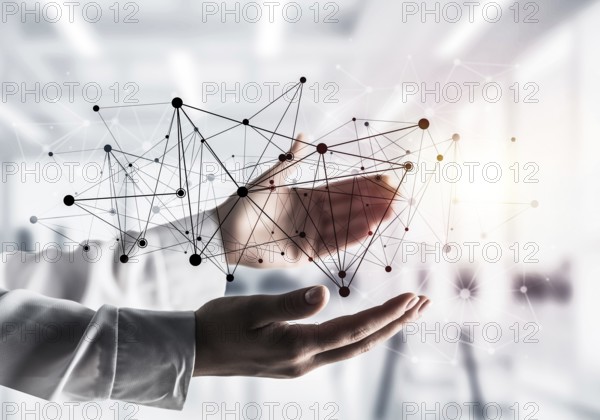 Business woman in shirt keeping black social media network structure in hands with office view and sunlight on background. Mixed media