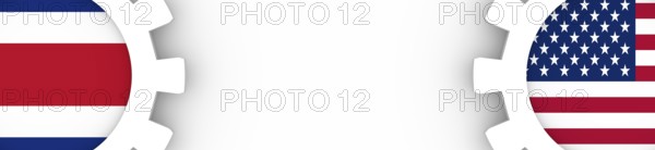 Web Banner, Header Layout Template. Politic and economic relationship between USA and Costa Rica. National flags cog wheels. 3D rendering