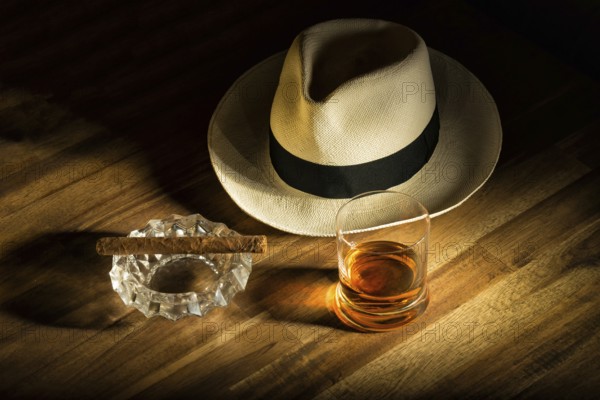 Cigar, rum and Panama hat