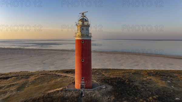 Aerial view of the northern end of the island of Texel with beach and lighthouse in sunshine, De Cocksdorp, Eierland, Texel, West Frisian Islands, North Holland, Netherlands