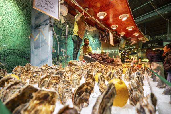 Sale of fresh oysters, La Boqueria Market, La Rambla, Barcelona, ??Catalonia, Spain