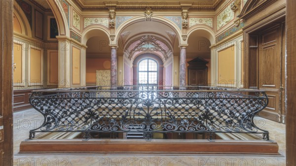 Historic balcony in an empty room with wrought-iron railings and columns, Villa Woodstock, Lost Place, Brill, Wuppertal, North Rhine-Westphalia, Germany