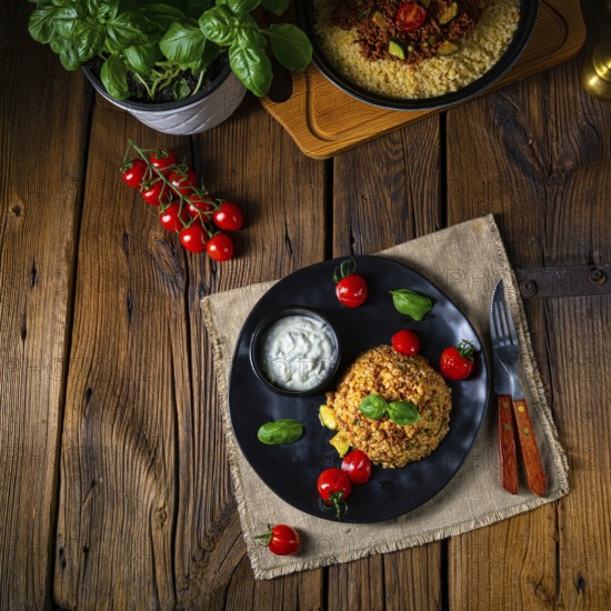 Rustic wulgur fried with minced meat and vegetables