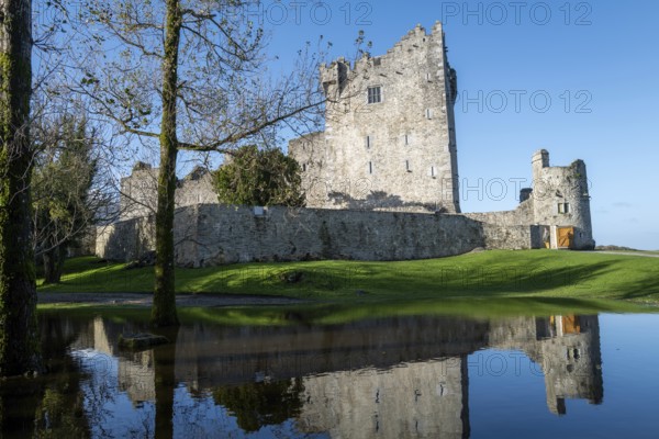 A view of Ross Castle and reflection in Killarney on a beautiful morning in early November. Killarney, County Kerry, Ireland