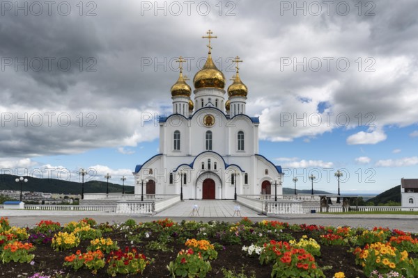 PETROPAVLOVSK KAMCHATSKY CITY, KAMCHATKA PENINSULA, RUSSIA, AUG 17, 2018: Holy Trinity Orthodox Cathedral of Petropavlovsk, Kamchatka Peninsula Diocese of Russian Orthodox Church Moscow Patriarchate