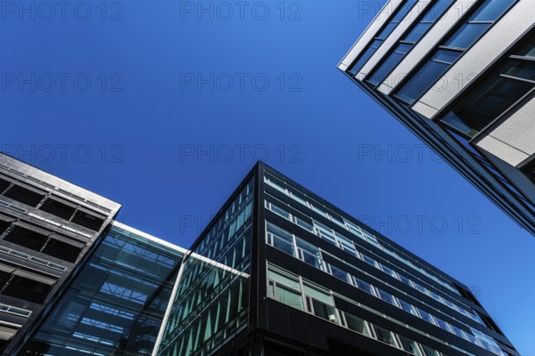 Looking up tall and modern office buildings in concrete glass and steel