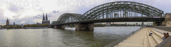 Panoramic photo of the Catholic Church of St Martin, Cologne Cathedral, Hohenzollern Bridge, Kennedy Embankment and the Rhine, Cologne, North Rhine-Westphalia, Germany
