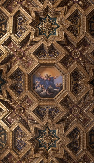 Rome, Roma, Santa Maria in Trastevere, detail of the wooden ceiling by Domenichino 1617