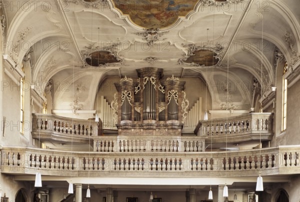 Volkach on the Main. Parish church of St. Bartholomew from 1413, baroqueised from 1727. View of the baroque organ loft, St., Sankt, Saint
