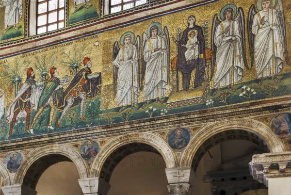 Mosaics on the side of the nave in Basilica of Sant Apollinare Nuovo, Ravenna. Italy