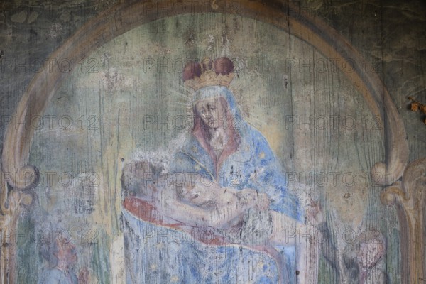 Mary holding the dead Jesus, painted wooden panel, detail, gravestone, Waasenkirche cemetery, Leoben, Styria, Austria