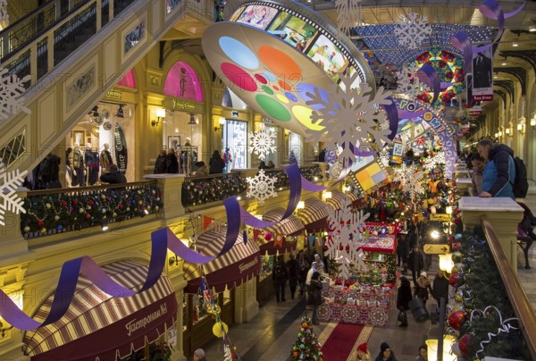 Moscow, Russia, December 2, 2018: New Year and Christmas decorations in the galleries of the Main Universal Store