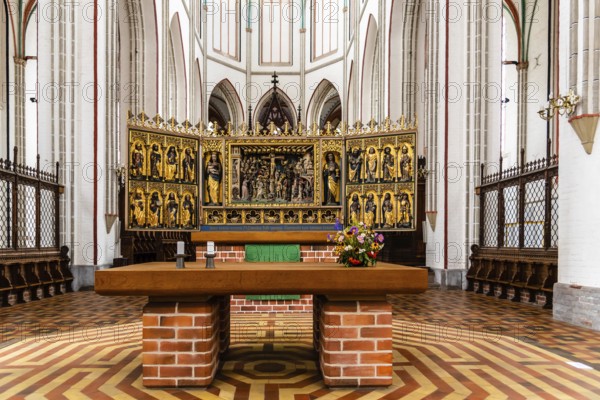 Schwerin, Germany, August 2, 2019: Interior view of Cathedral. Altar. It is an Evangelical Lutheran Cathedral dedicated to the Virgin Mary and Saint John