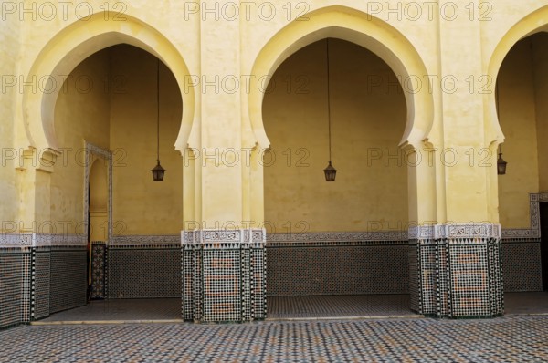 Meknes, Morocco, Africa, Yellow arches with detailed mosaic tiles, On the way to Fes